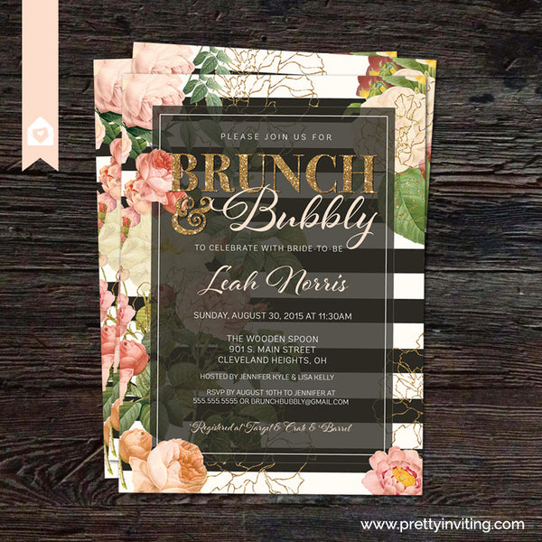 Bunch and Bubbly Bridal Shower Invitation - Vintage Floral, Black & White Stripe and Gold Glitter - Wedding Shower or Birthday - Printable