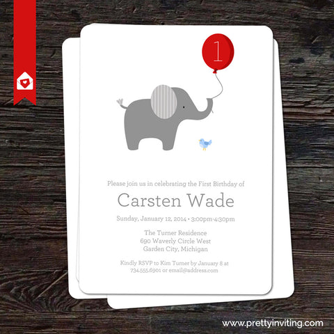 Little Elephant with Red Balloon - Birthday Invitation - Printable