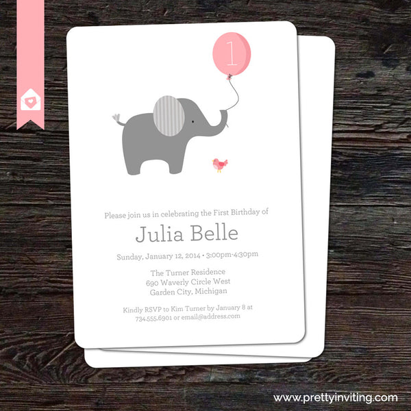Little Elephant with Pink Balloon - Birthday Invitation - Printable