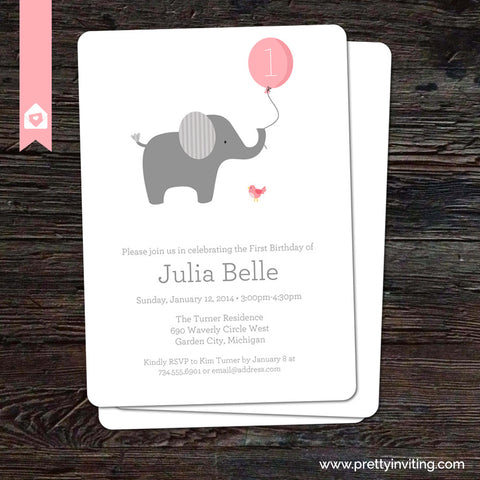 Little Elephant with Pink Balloon - Birthday Invitation - Printable