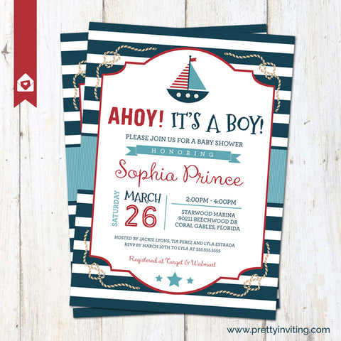 Ahoy! It's a Boy - Nautical Baby Shower Invitation, Sailor Invite, New Baby Boy - red blue - Printable
