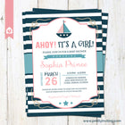 Ahoy! It's a Girl - Nautical Baby Shower Invitation, Sailor Invite, New Baby Girl - pink blue - Printable
