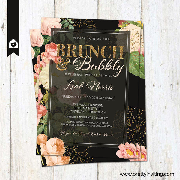 Bunch and Bubbly Bridal Shower Invitation - Vintage Floral, Black and Gold Glitter - Wedding Shower - Printable