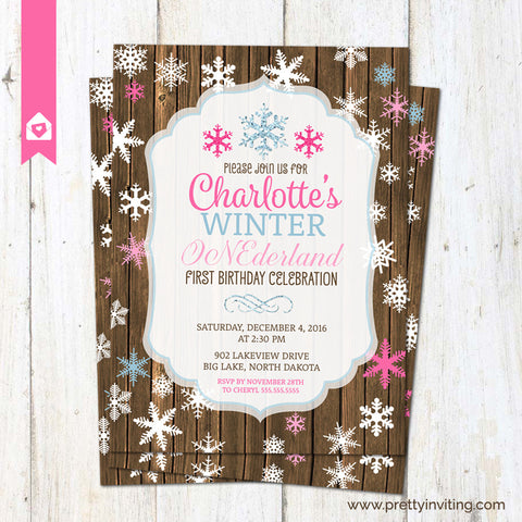 Winter ONEderland First Birthday Invitation - Rustic 1st Birthday Invite - Snowflake birthday party - Printable