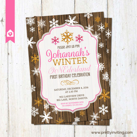 Winter ONEderland First Birthday Invitation - Rustic 1st Birthday Invite - Snowflake birthday party - Gold Glitter and Pink Printable