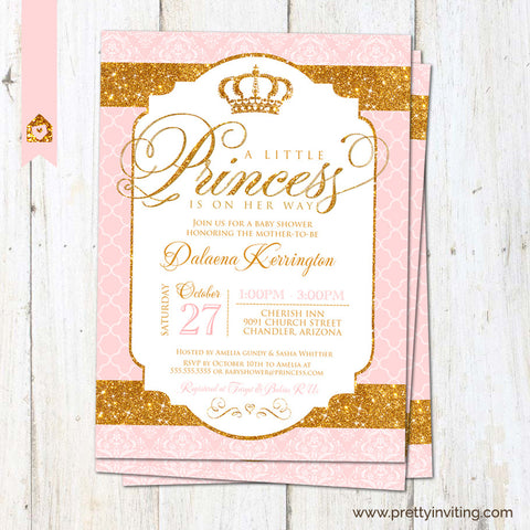 Royal Princess Baby Shower Invitation - Gold Glitter Pink, For Baby Girl - Printable