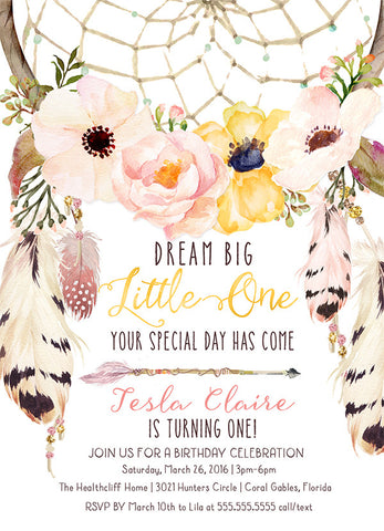Boho Dream Catcher First Birthday Invitation, Floral Dreamcatcher Birthday Invite - Pink & yellow