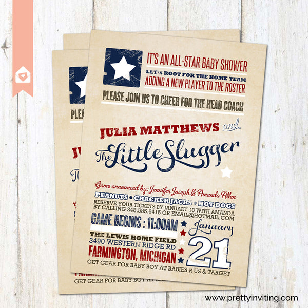 All-Star Little Slugger Vintage Baseball Baby Shower Invitation, Sports Invite, Boy Baby shower - Printable