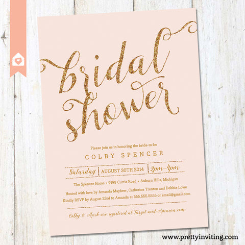 Gold Glitter & Blush Pink Bridal Shower Invitation - Printable
