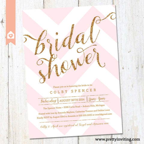 Gold Glitter & Pink Chevron Bridal Shower Invitation - Printable
