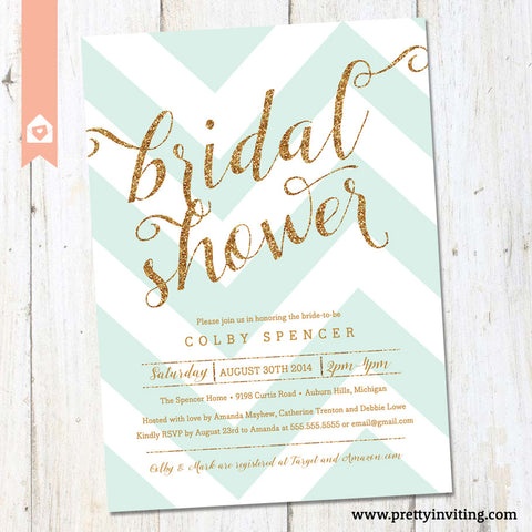 Gold Glitter & Mint Chevron Bridal Shower Invitation - Printable