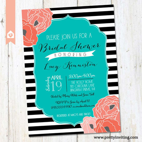 Bridal Shower Invitation - Modern Chic Black & White Stripe & Teal with Coral Floral