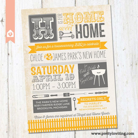 Houswarming Invitation - New Home BBQ - Vintage Poster Style - Yellow & Grey