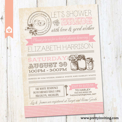 Vintage Masor Jar Bridal Shower Invitation - Poster Style - Pink
