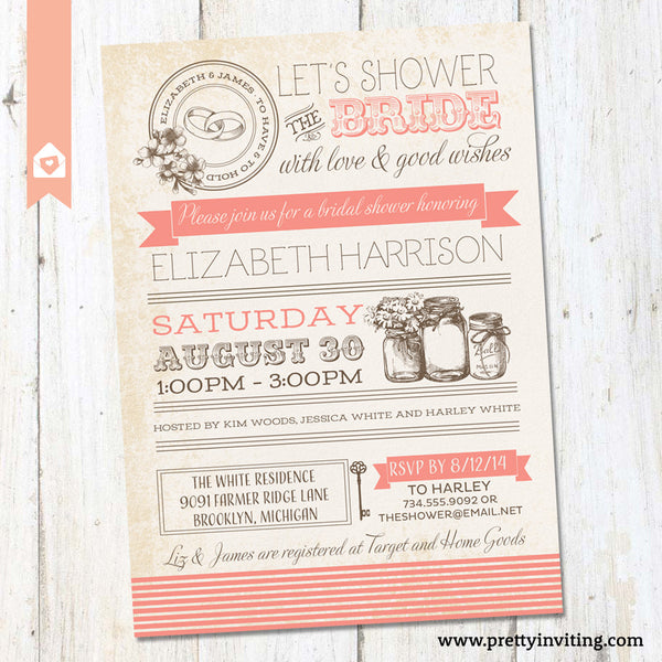 Vintage Masor Jar Bridal Shower Invitation - Poster Style - Coral