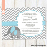 Baby Elephant Baby Shower Invitation - Chevron and Blue - Baby Boy, Twins, Gender Neutral - Printable