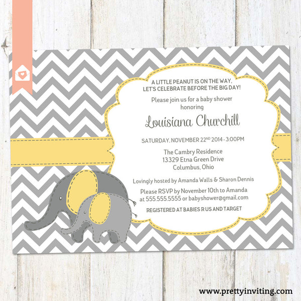 Baby Elephant Baby Shower Invitation - Chevron and Blue - Baby Boy, Girl, Twins, Gender Neutral - Printable