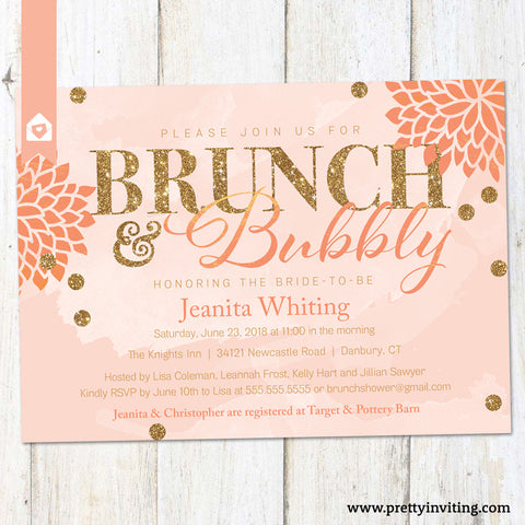 Bunch and Bubbly Bridal Shower or Birthday Invitation - Peach Pink Coral - Gold Glitter - Printable