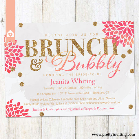 Bunch and Bubbly Bridal Shower or Birthday Invitation - White & Pink - Gold Glitter - Printable
