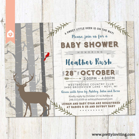 Rustic Winter Baby Shower Invitation, Winter Woods Deer Invite, Country Boy Invitation - Printable