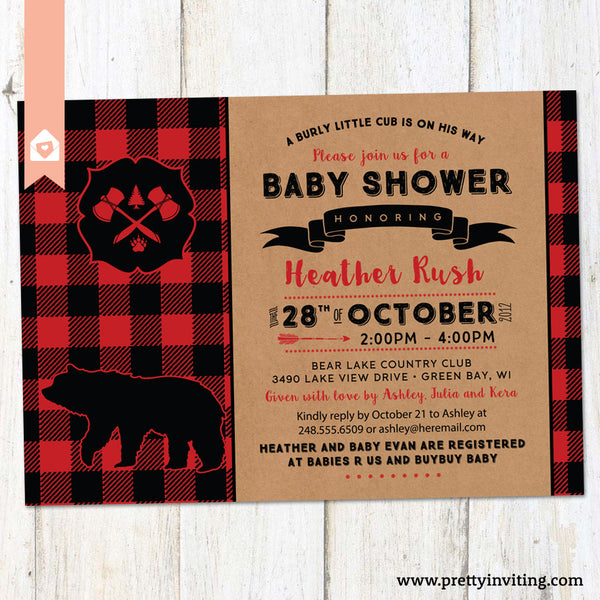 Rustic Lumber Jack bear Baby Shower Invitation, Red Plaid Lumberjack, Country Boy Invitation - Printable