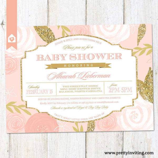 Pink Rosebud Baby Shower Invitation - Blush Floral & Gold Faux Glitter, Vintage Label Layout