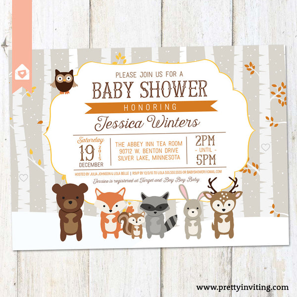 Woodland Baby Shower Invitation, Rustic Winter Shower Invite - Forest Animals Shower Invitation - Printable