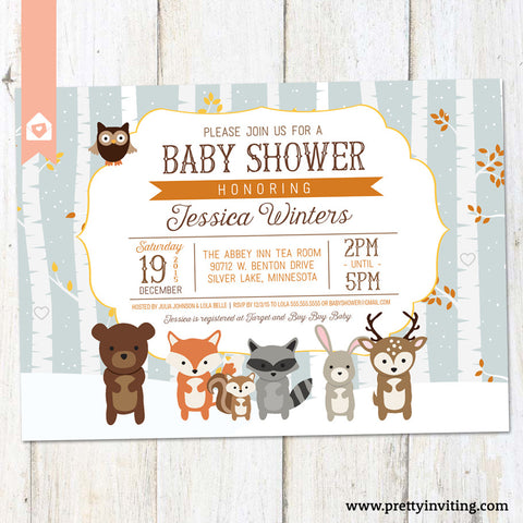 Woodland Baby Shower Invitation, Rustic Winter Shower Invite - Forest Animals Shower Invitation, Blue - Printable