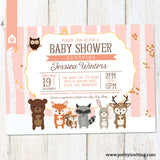 Woodland Baby Shower Invitation, Rustic Winter Shower Invite - Forest Animals Shower Invitation - Pink - Printable