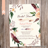Boho Bridal Shower Invitation - Peach and Burgundy Feathers