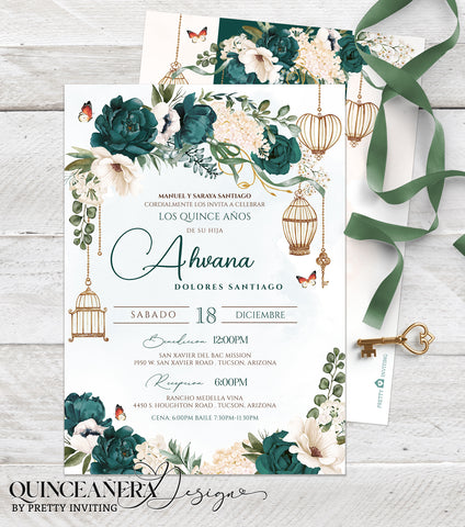 Emerald Green Floral Antique Gold Quinceañera Invitation