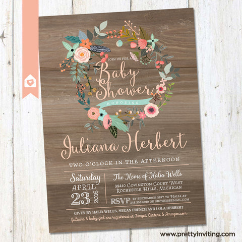 Rustic Wood & Floral Wreath Baby Shower Invitation - Shabby Chic Country Shower - Mint, CoralInvite