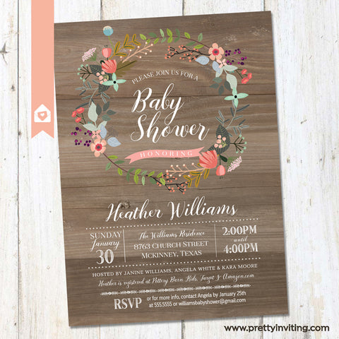 Rustic Wood & Floral Wreath Baby Shower Invitation - Shabby Chic Country Shower Invite