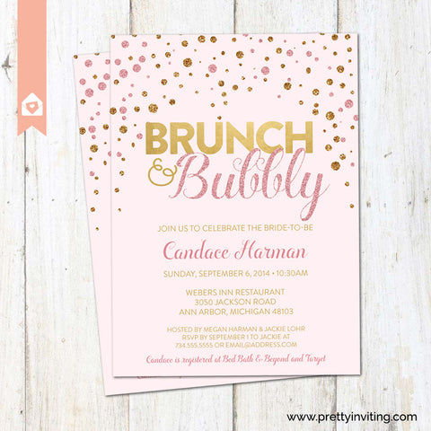 Brunch & Bubbly Bridal Shower Invitation, Pink and Gold Glitter
