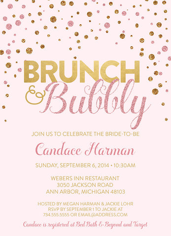 Brunch & Bubbly Bridal Shower Invitation, Pink and Gold Glitter
