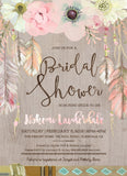 Boho Chic Bridal Shower Invitation - Rustic Floral Feathers in Watercolor on Woodgrain - Printable