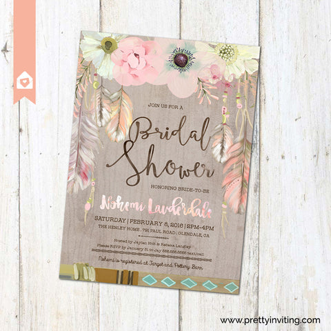 Boho Chic Bridal Shower Invitation - Rustic Floral Feathers in Watercolor on Woodgrain - Printable
