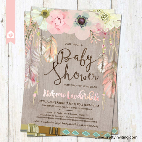 Boho Chic Baby Shower Invitation - Rustic Floral Feathers in Watercolor on Woodgrain Pattern