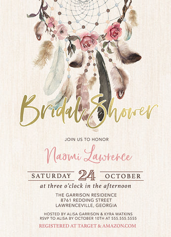 Rosy Dream Catcher Bridal Shower Invitation  - Boho Dreamcatcher Invitation