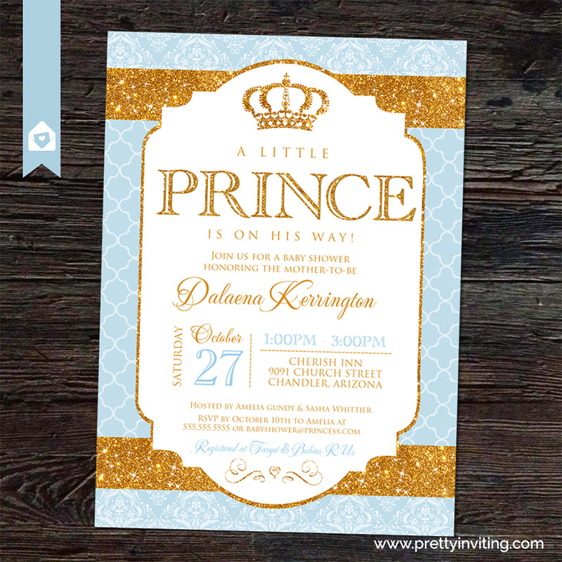 Royal Prince Baby Shower Invitation Blue and Gold Little 