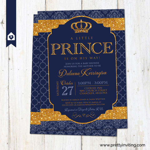 Royal Prince Baby Shower Invitation - Gold and Navy Blue