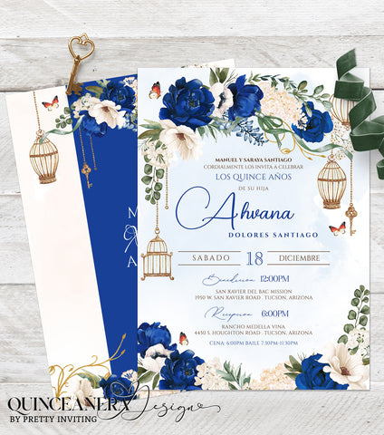 Royal Blue Floral Antique Gold Quinceañera Invitation