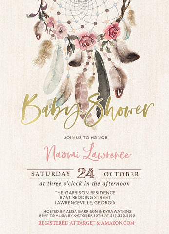 Rosy Dream Catcher Baby Shower Invitation  - Boho Dreamcatcher Invitation