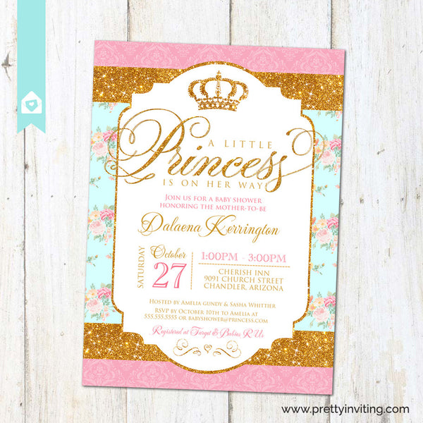 Royal Princess Baby Shower Invitation - Gold Glitter & Shabby Chic Floral - Baby Girl, Birthday - Printable (Pink Turquoise))