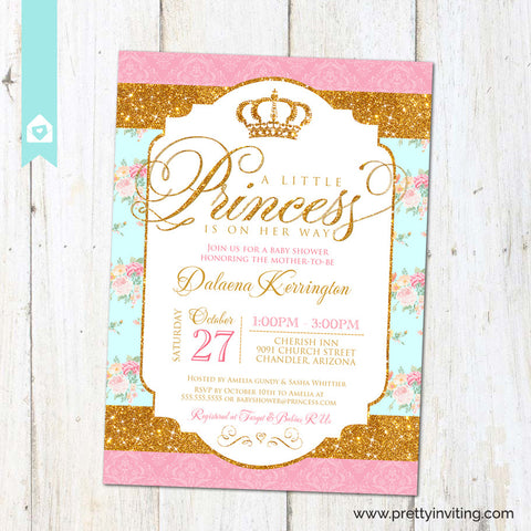 Royal Princess Baby Shower Invitation - Gold Glitter & Shabby Chic Floral - Baby Girl, Birthday - Printable (Pink Turquoise))