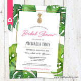 Tropical Pineapple Bridal Shower Invitation - Monstera Palm Leaf White and Pink