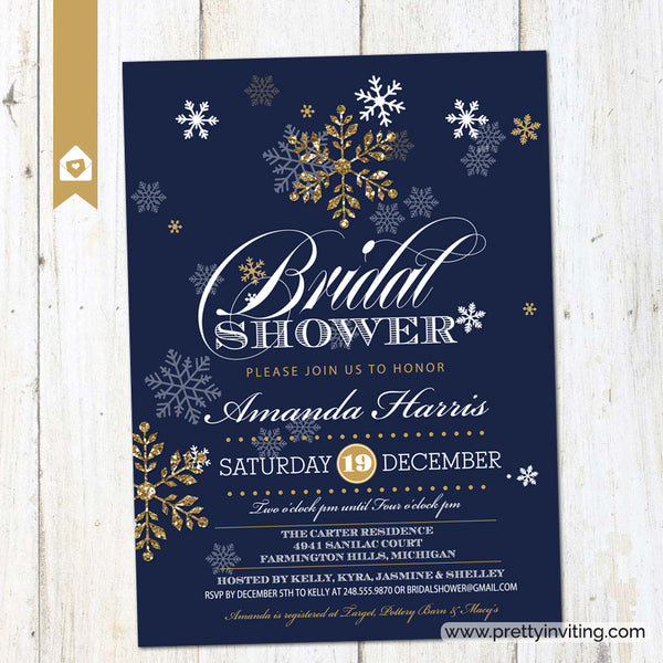 Winter Glitz Snowflake Bridal Shower Invitation - Navy & Gold