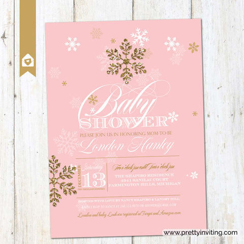 Winter Glitz Snowflake Baby Shower Invitation - Pink & Gold