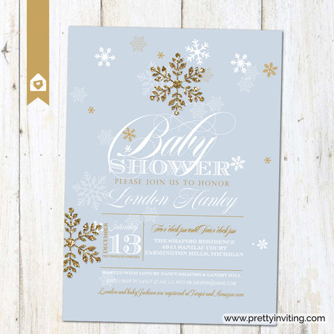 Winter Glitz Snowflake Baby Shower Invitation - Blue & Gold